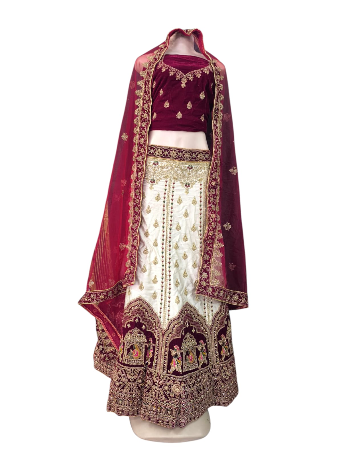 Sc-5600 cream n maroon border Lehenga (unstitched)