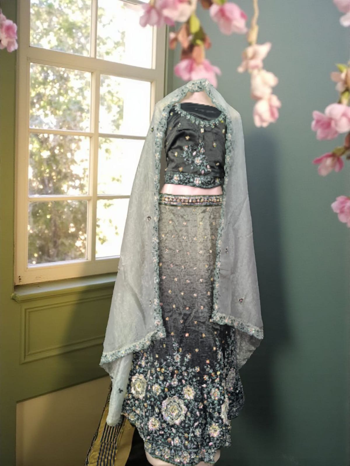 Sc-8300 Ombre Green Lehenga (unstitched)